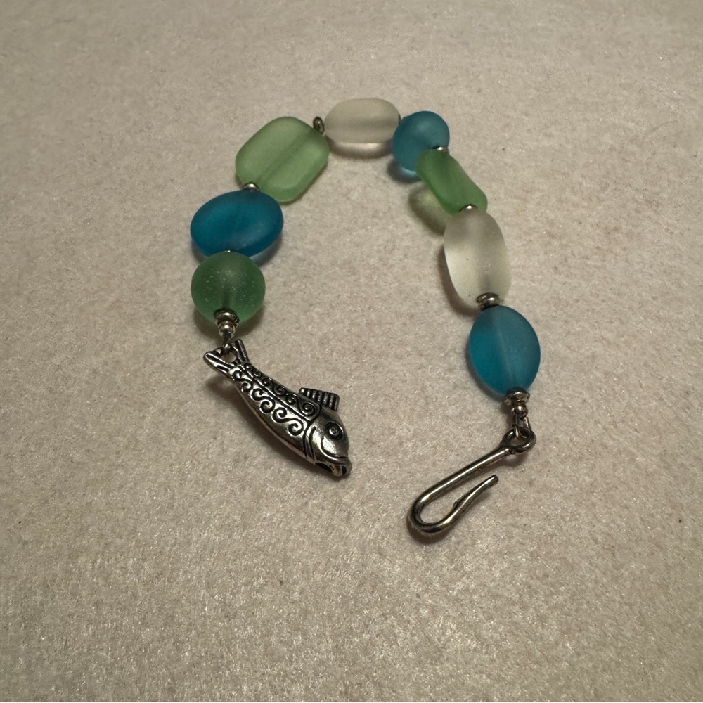 Silver-Tone Fish Charm Bracelet with Blue and Green Beads